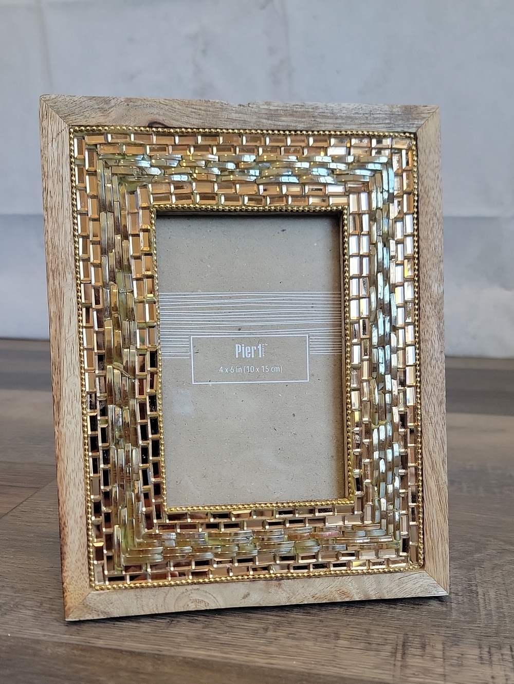 Pier 1 Gold and Natural Wood Mosaic Picture Frame Fits A 4" X 6" Picture